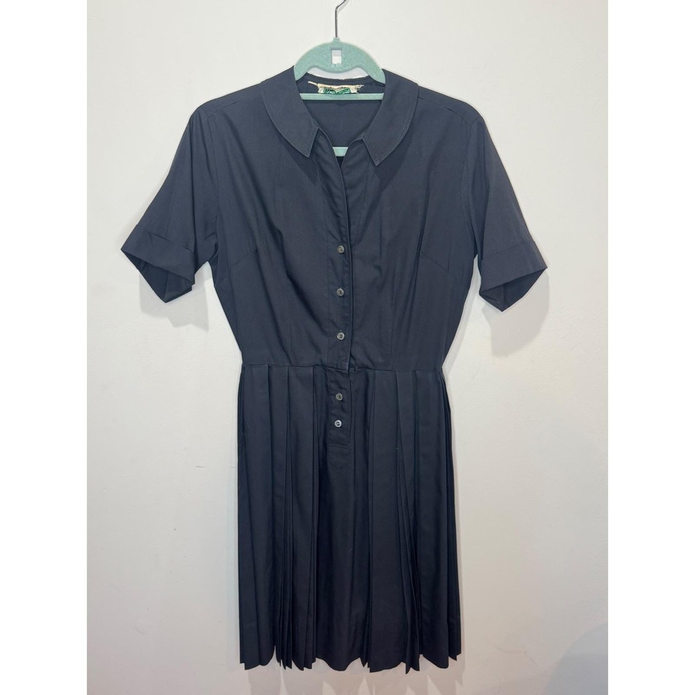 Vintage 1950s-60s Black Nan‎ Leslie Pleated Shirt Waist House Dress Sz S